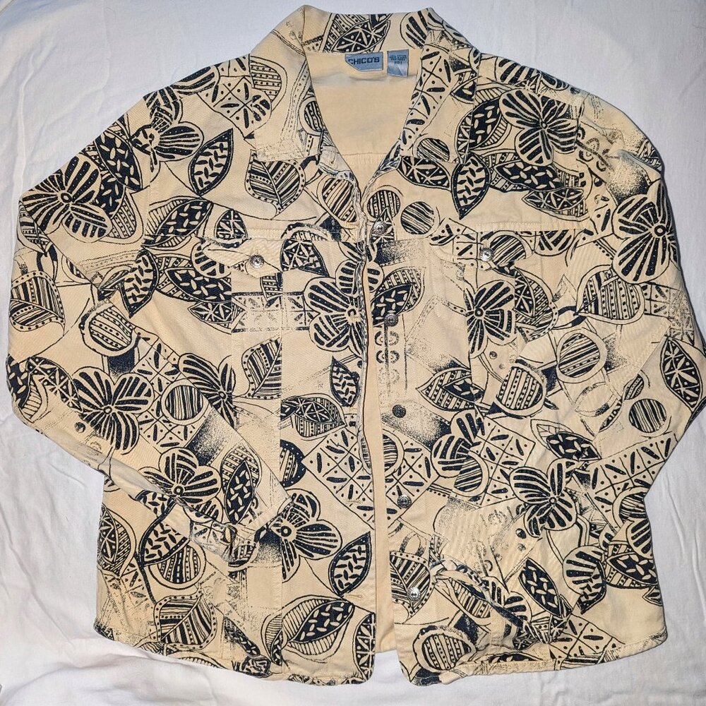 CHICO'S~Size 2~Tan & black Floral Print Button Front Cotton Jacket